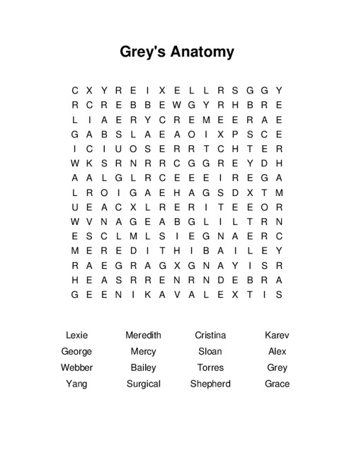 Greys Anatomy Word Search Puzzle