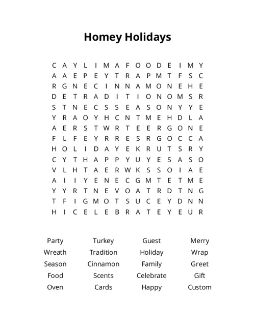 Homey Holidays Word Search Puzzle