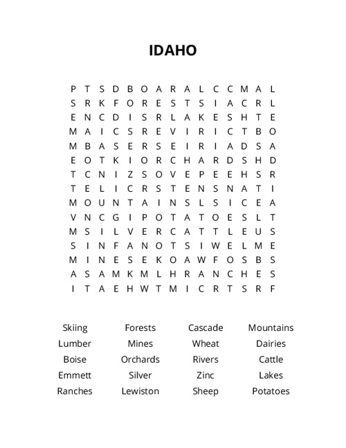 IDAHO Word Search Puzzle