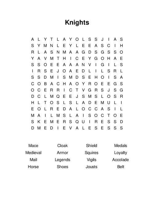 Knights Word Search Puzzle