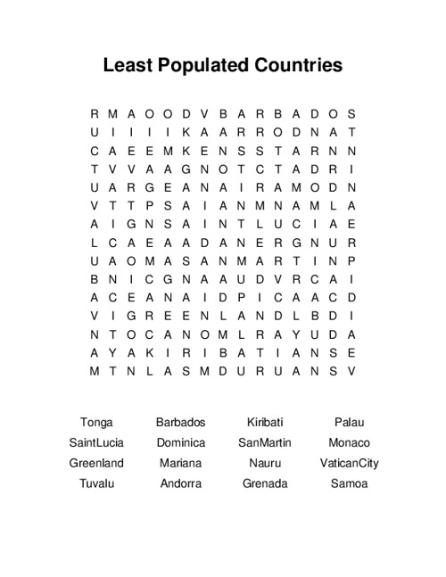 Least Populated Countries Word Search Puzzle