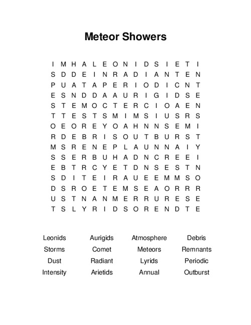 Meteor Showers Word Search Puzzle