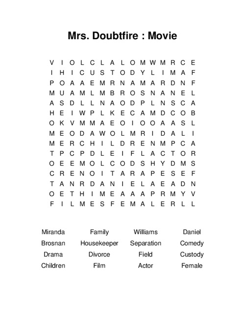 Mrs. Doubtfire : Movie Word Search Puzzle