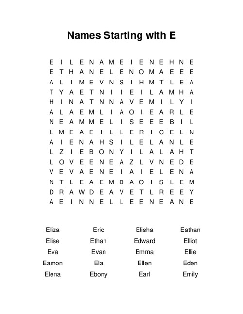 Names Starting with E Word Search Puzzle