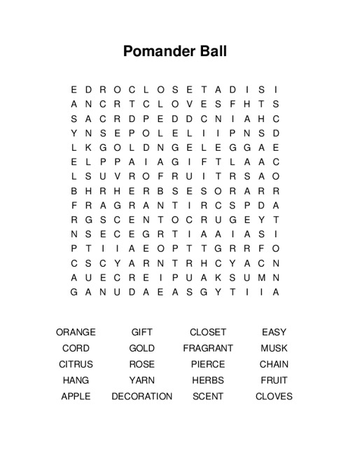 Pomander Ball Word Search Puzzle