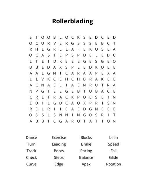 Rollerblading Word Search Puzzle