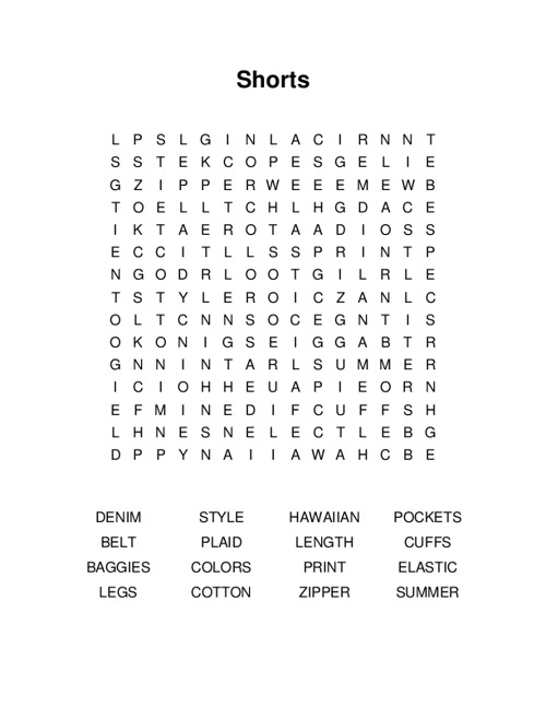Shorts Word Search Puzzle