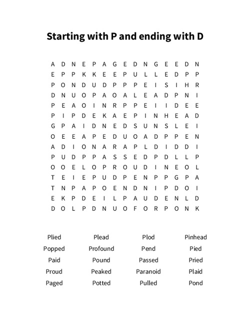 Starting with P and ending with D Word Search Puzzle