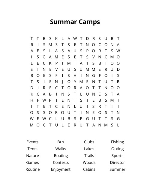 Summar Camps Word Search Puzzle