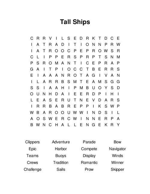 Tall Ships Word Search Puzzle