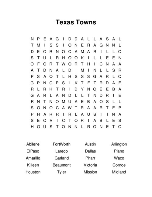Texas Towns Word Search Puzzle