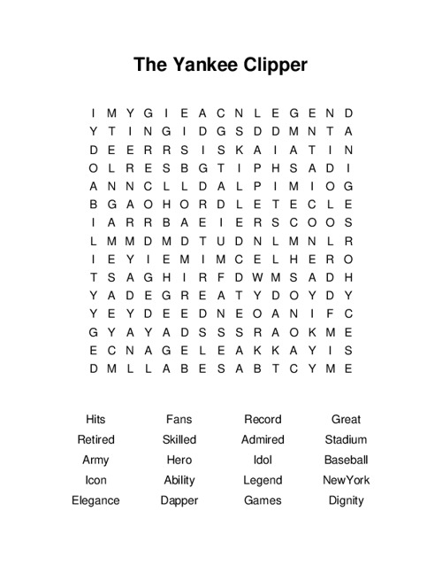 The Yankee Clipper Word Search Puzzle