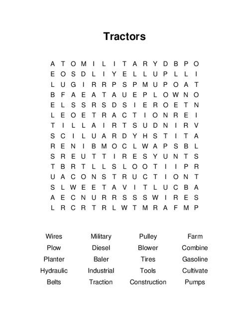 Tractors Word Search Puzzle