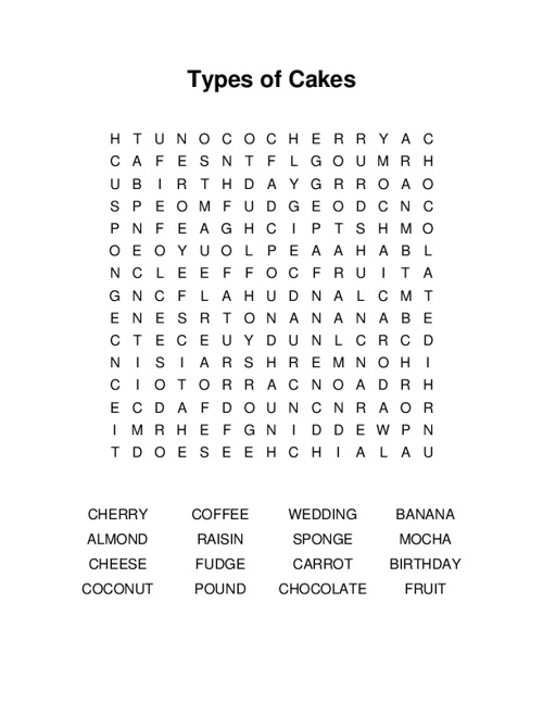 Types of Cakes Word Search Puzzle