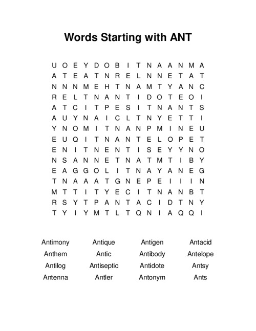 Words Starting with ANT Word Search Puzzle