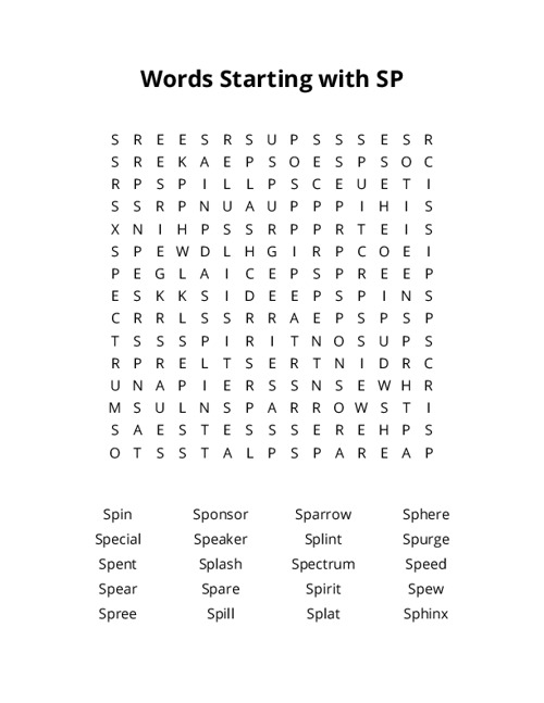 Words Starting with SP Word Search Puzzle