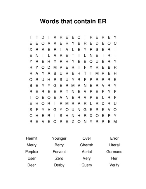 Words that contain ER Word Search Puzzle