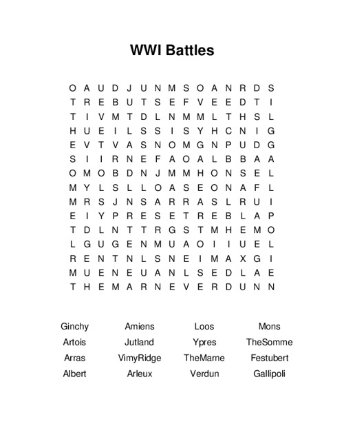 WWI Battles Word Search Puzzle