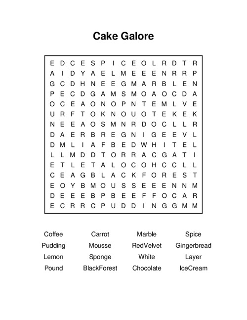 Cake Galore Word Search Puzzle