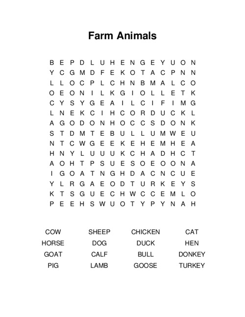 Farm Animals Word Search Puzzle