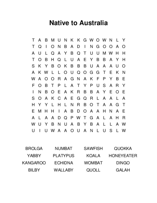 Native to Australia Word Search Puzzle