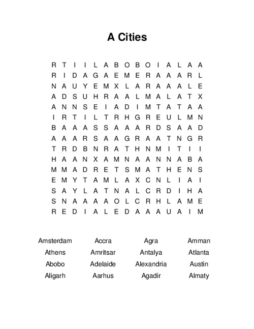 A Cities Word Search Puzzle