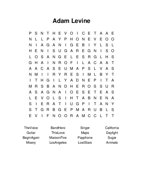 Adam Levine Word Search Puzzle