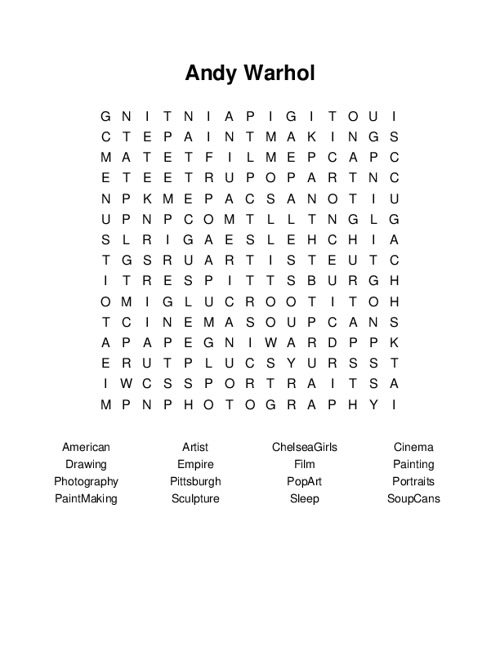 Andy Warhol Word Search Puzzle