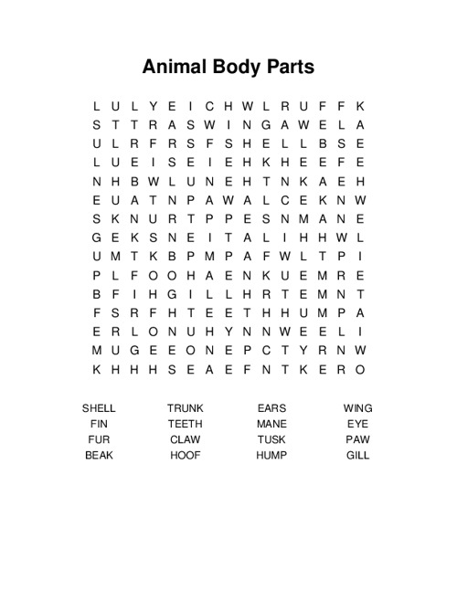 Animal Body Parts Word Search Puzzle