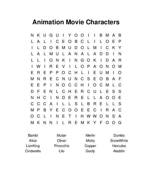 Animation Movie Characters Word Search