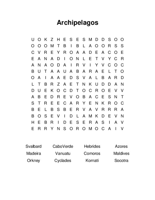 Archipelagos Word Search Puzzle