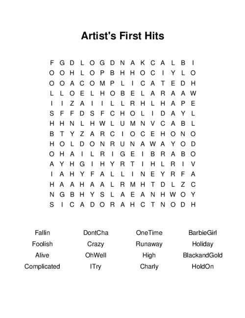 Artists First Hits Word Search Puzzle