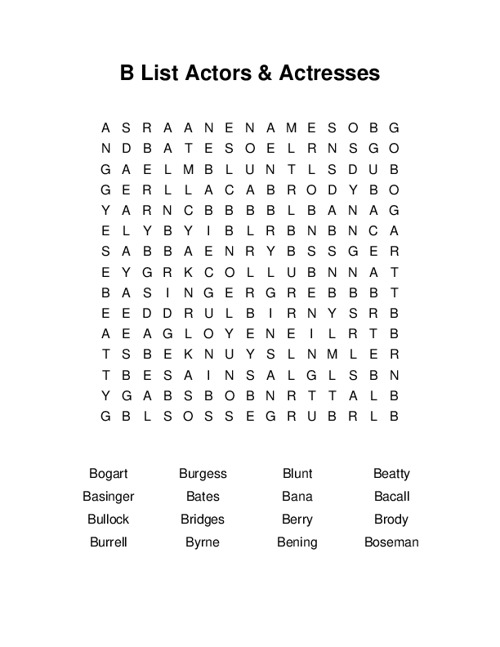 B Actors & Actresses Word Search Puzzle