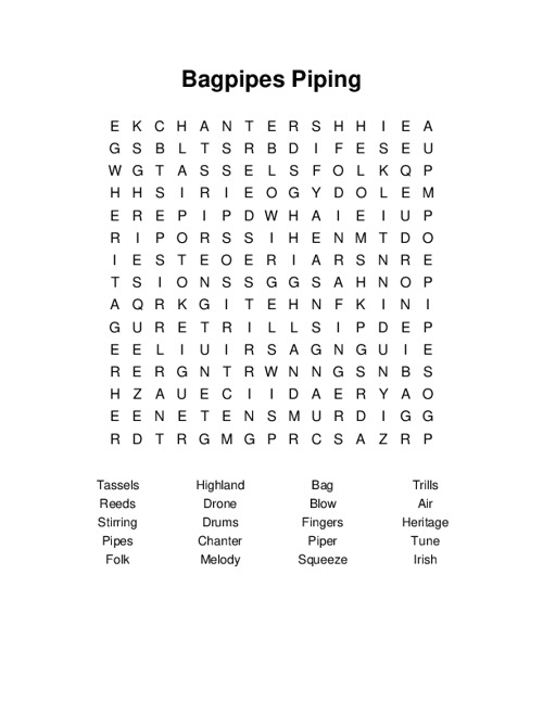 Bagpipes Piping Word Search Puzzle