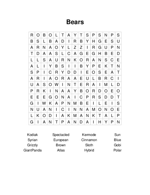 Bears Word Search Puzzle