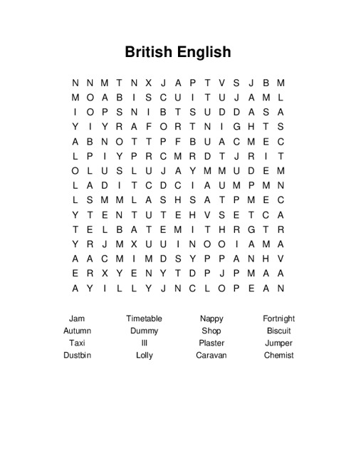 British English Word Search Puzzle