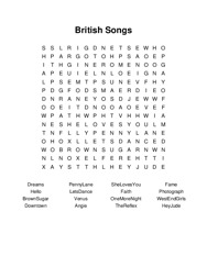 British Songs Word Search Puzzle