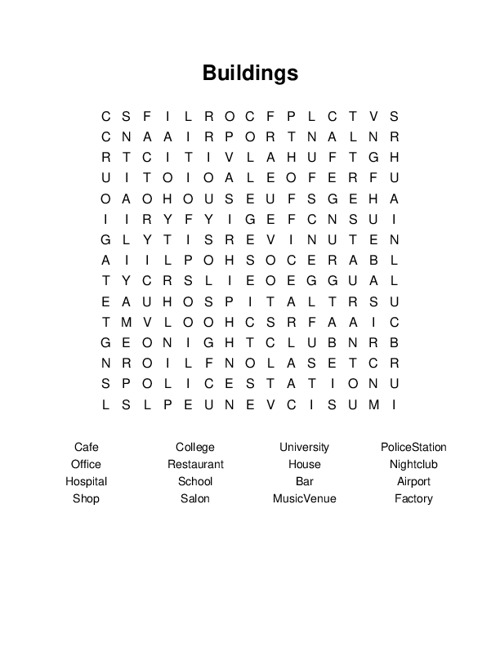 Buildings Word Search Puzzle