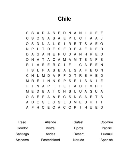 Chile Word Search Puzzle