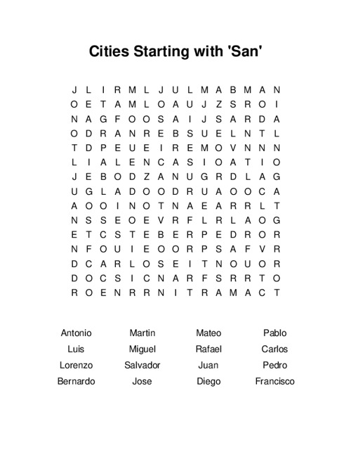 Cities Starting with San Word Search Puzzle