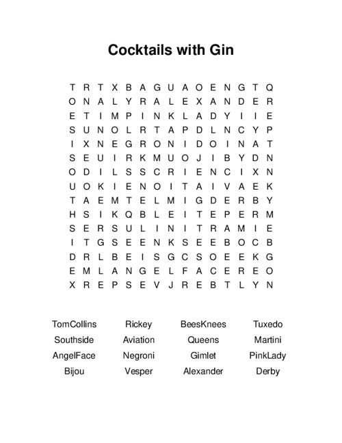 Cocktails with Gin Word Search Puzzle