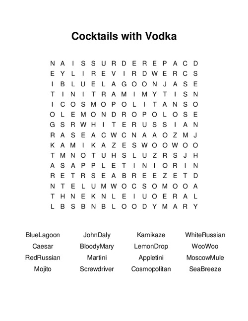 Cocktails with Vodka Word Search Puzzle