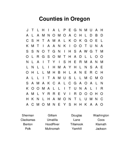 Counties in Oregon Word Search Puzzle