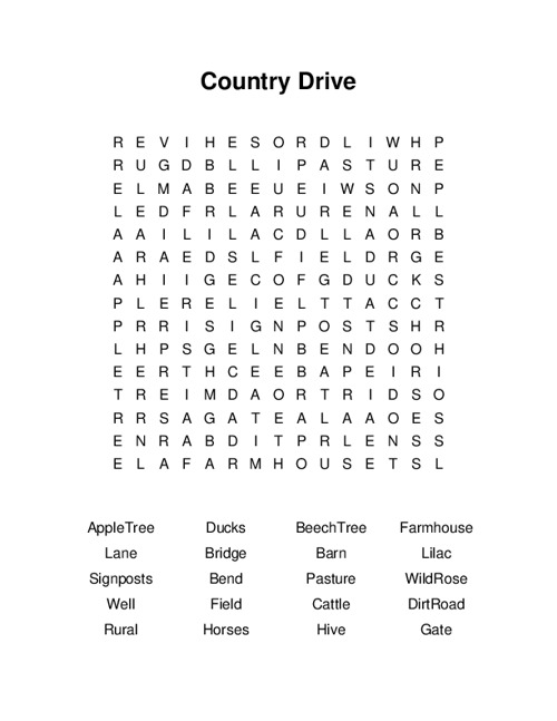 Country Drive Word Search Puzzle