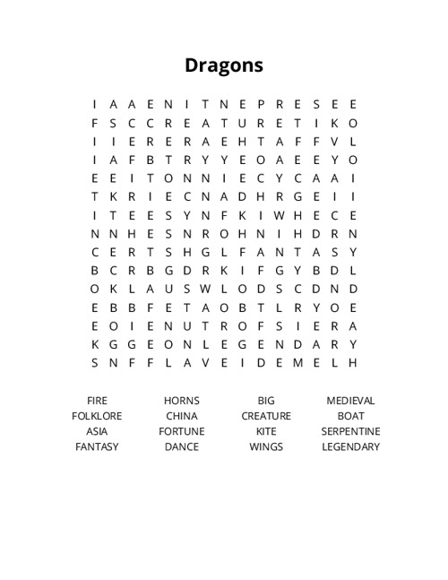 Dragons Word Search Puzzle