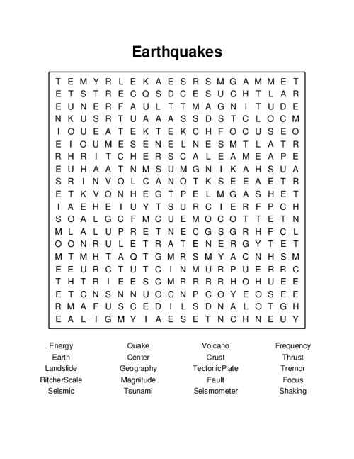 Earthquakes Word Search Puzzle