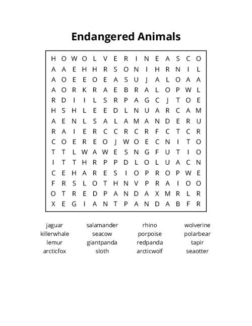 Endangered Animals Word Search Puzzle