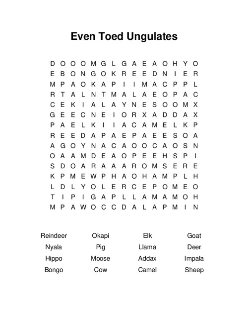 Even Toed Ungulates Word Search Puzzle