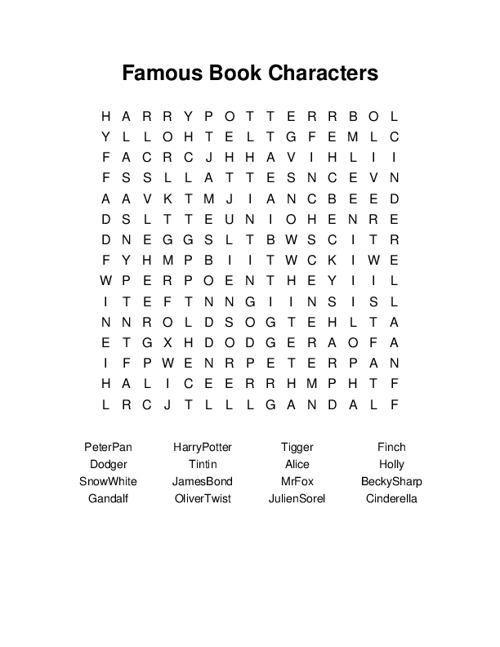 Famous Book Characters Word Search Puzzle