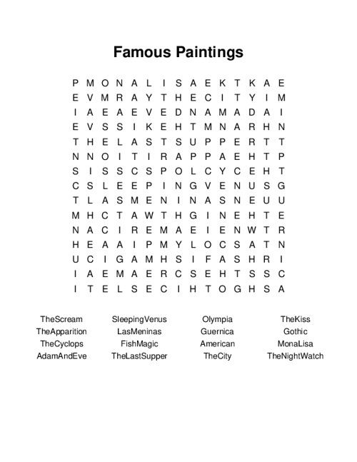 Famous Paintings Word Search Puzzle
